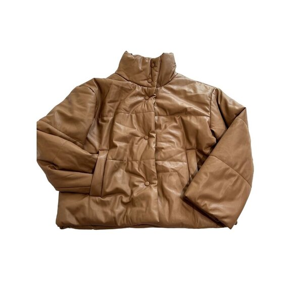 NWOT Lulus Weather or Not Chic Tape Puffer Jacket‎ in Taupe Vegan Leather - Picture 1 of 5